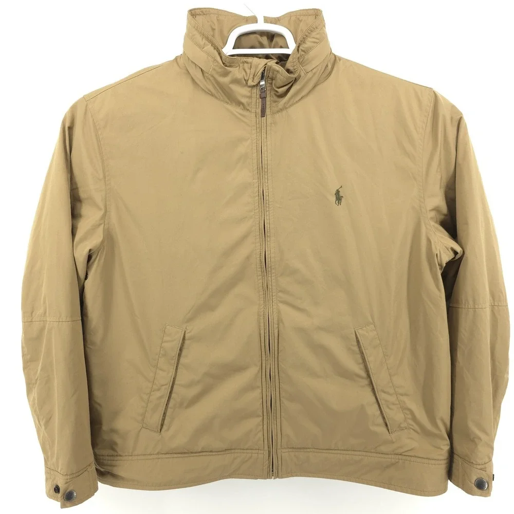 VTG Polo Ralph Lauren Lined Full-Zip Jacket Mens XL Hidden Hood‎ Tan